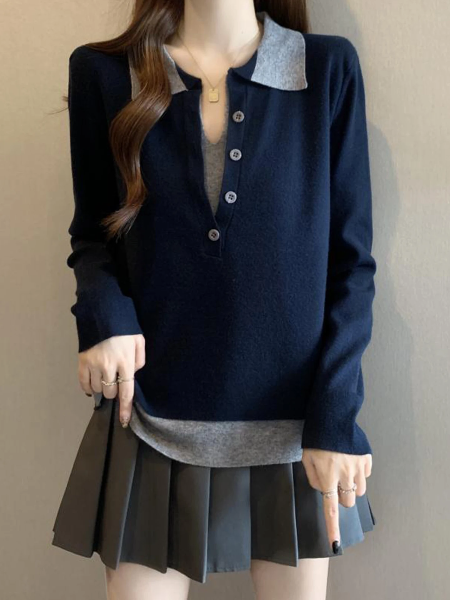 

Slimming Effect Korean Sle Color Blo Ne Knitted Sweater Women's Base Layer Top Large Size Casual Loose Fit