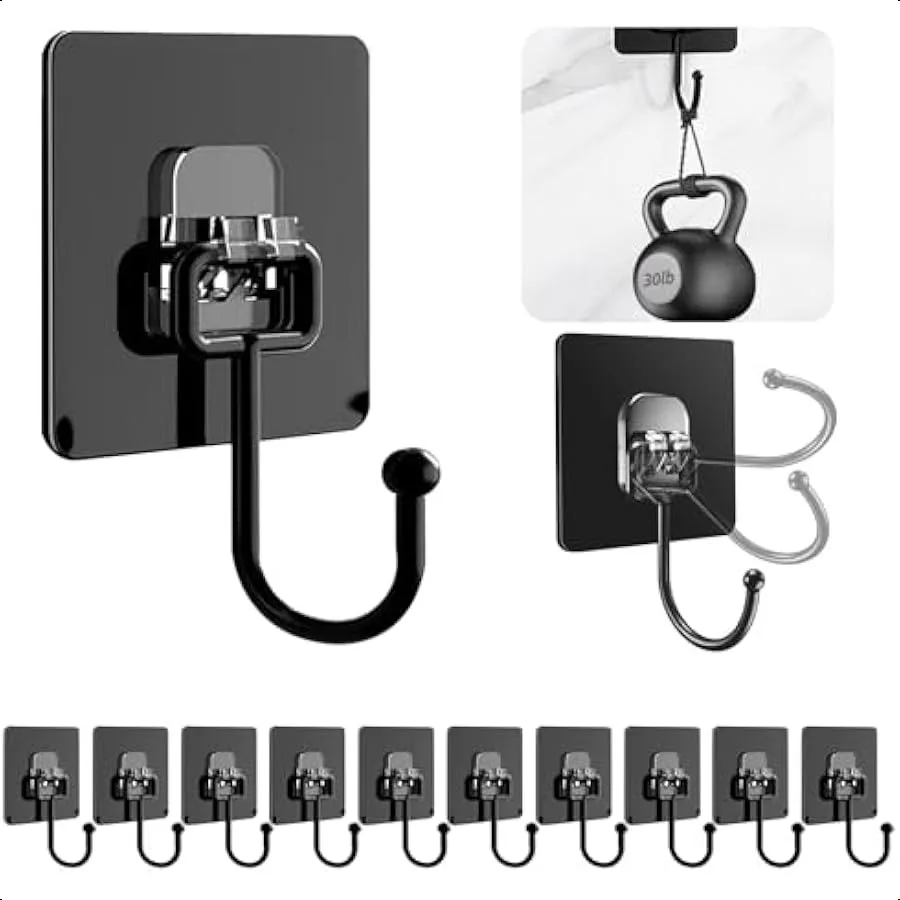 خطافات حائط لاصقة، عبوة سوداء مكونة من 10 خطافات حمام مقاومة للماء ومقاومة للصدأ تصل إلى 30 رطلًا كحد أقصى. مثالية للتعليق مناسبة للحمام #1