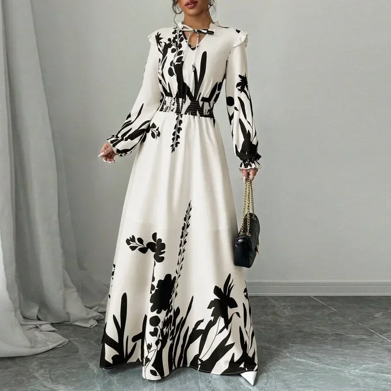 レディースワンピース 新作 長袖 フリル襟 プリント レースアップ Aラインワンピース レディース ワンピース ベスティドス デ ベラーノ ムヘール 2025 Q449