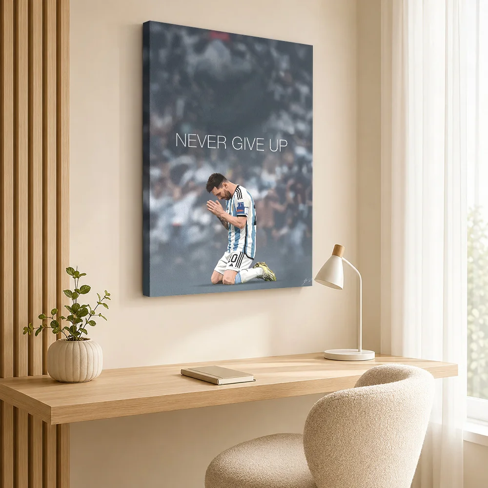 Lionel Messi Never Give Up Canvas Print Personalized Photo Typography Wall Art For Football Fan Lounge, Sports Collector Gift