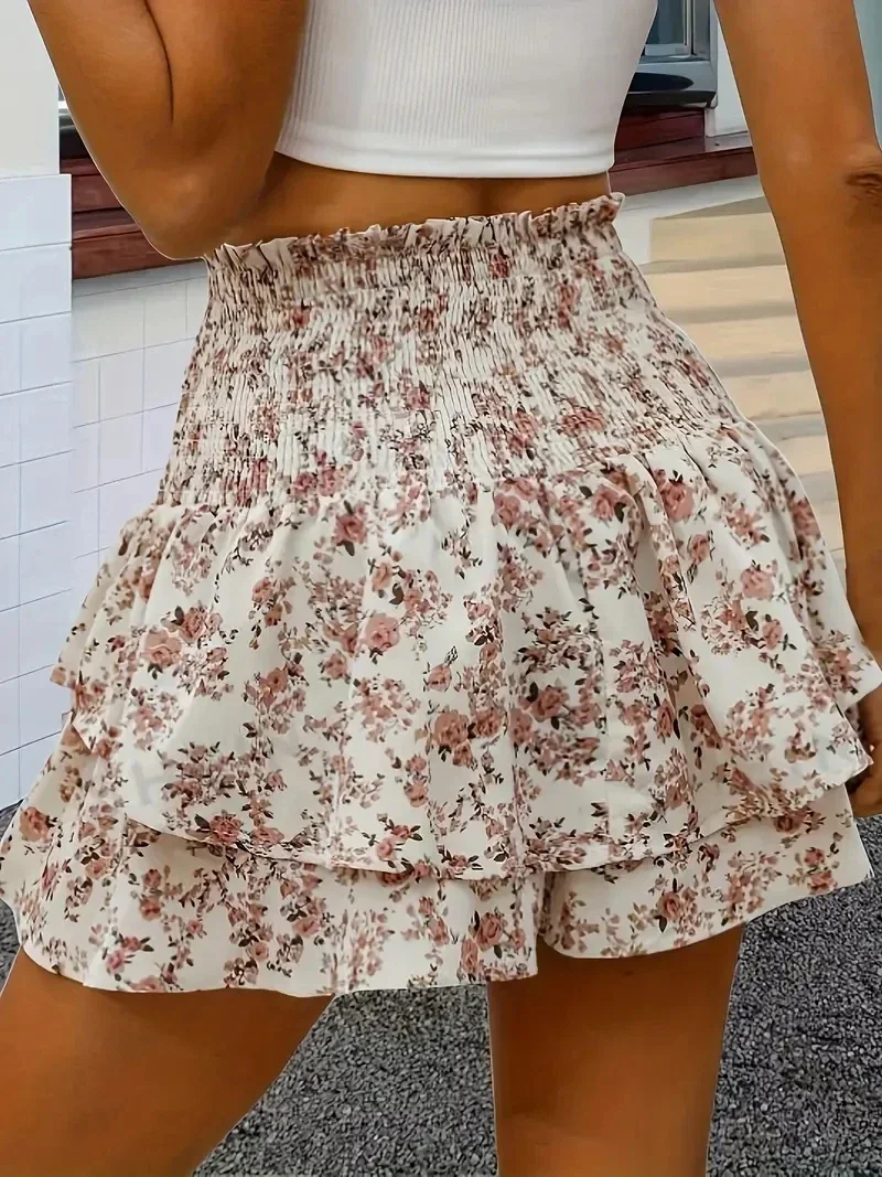 Spring and summer small floral print elastic waist elegant layered hem shorts fashion casual high waist shorts