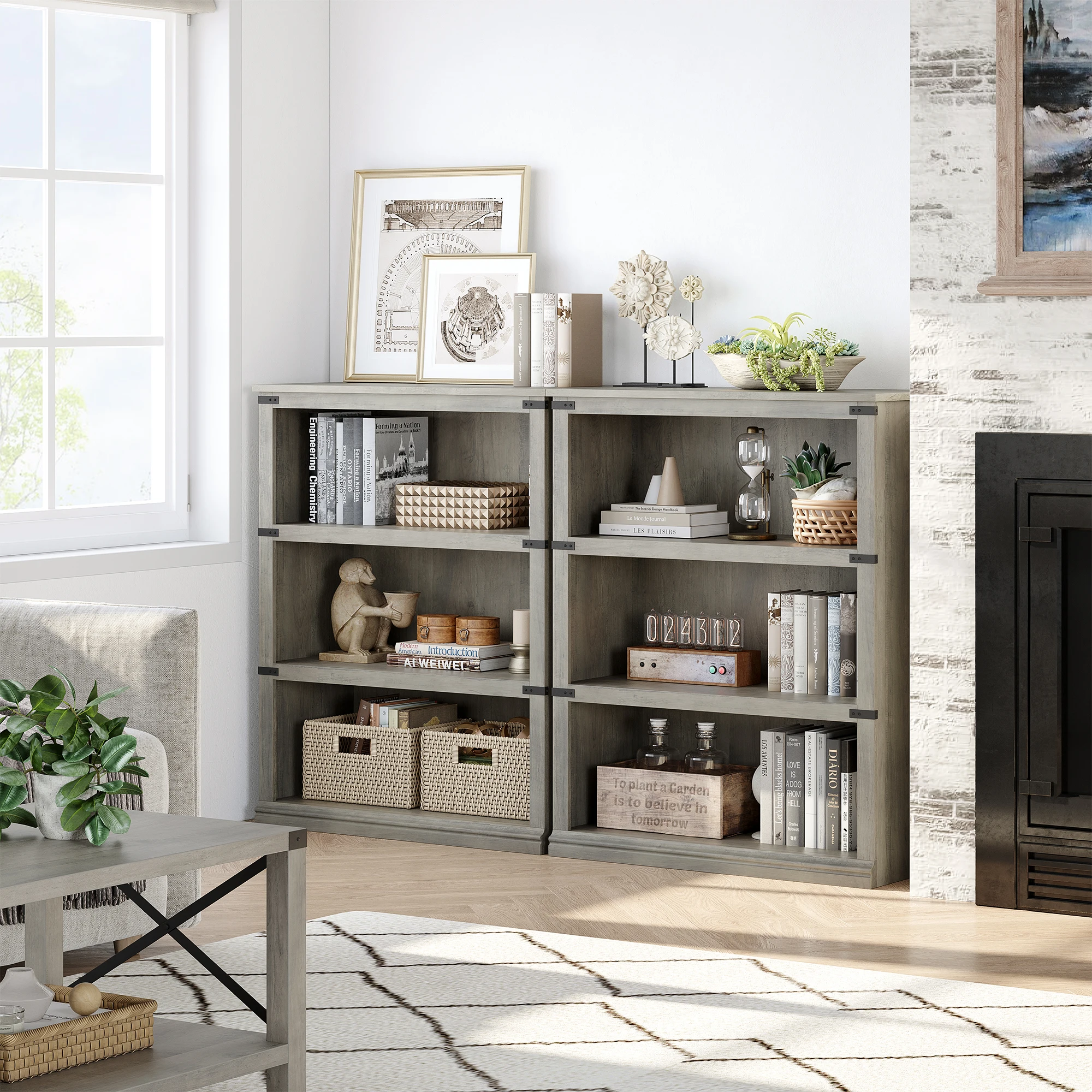 3-stöckiges Farmhouse-Bücherregal mit Stauraum, offenes Display-Bücherregal, hohes Bücherregal, Holzmöbel für Büro und Wohnzimmer – Detail 9