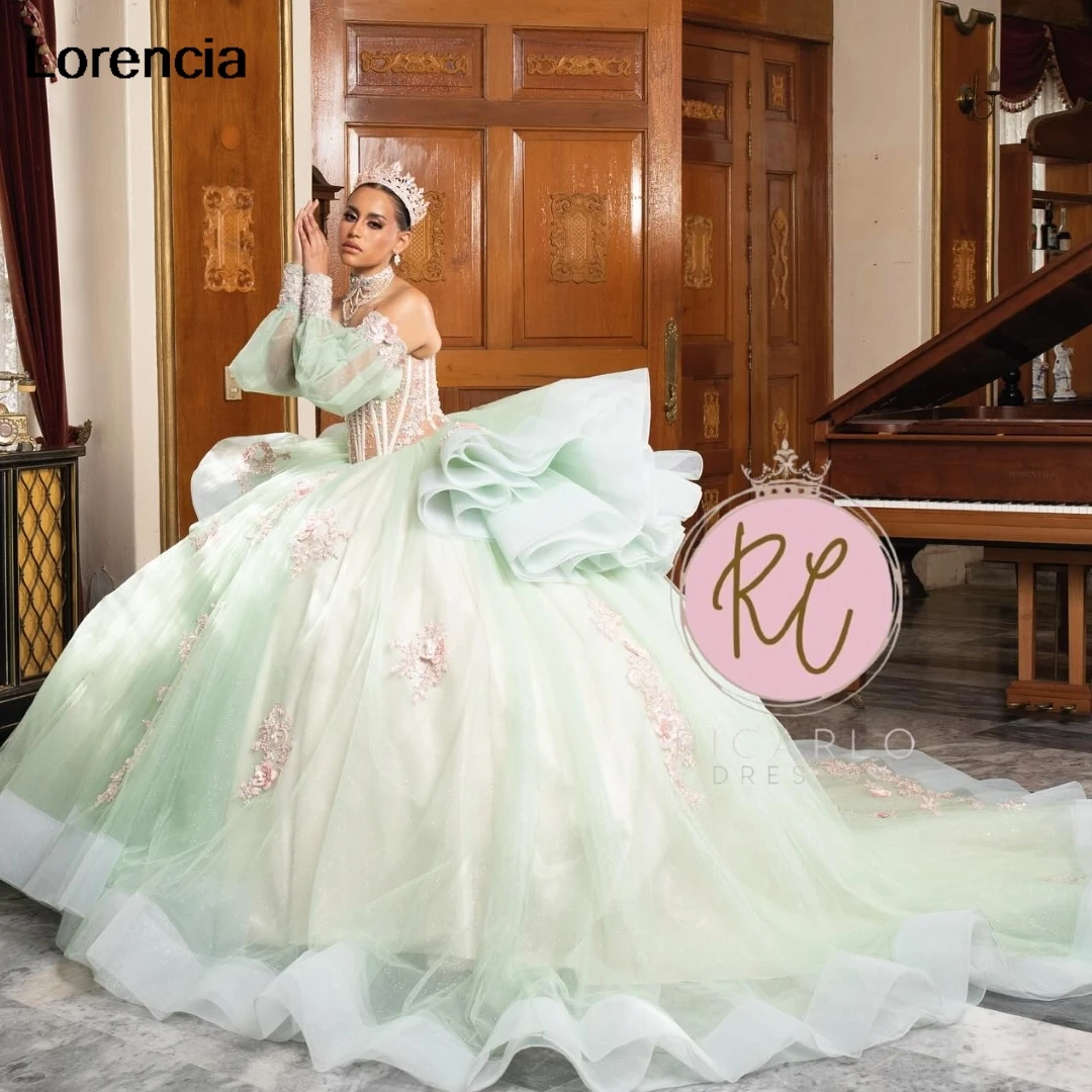 

Customized Mexican Mint Quinceanera Dress Ball Gown Lace Applique Beaded Long Sleeve Tiered Sweet 16 Vestidos De 15 Años YQD848