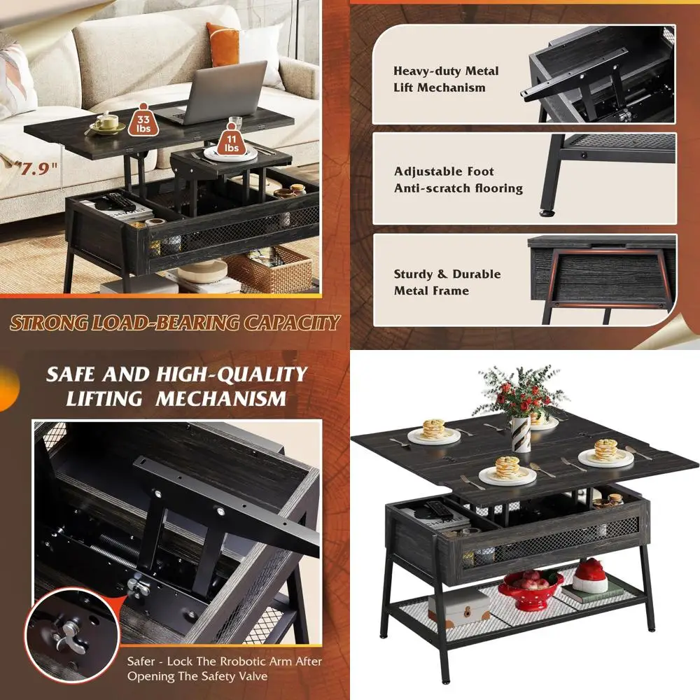 

Convertible 3-in-1 Lift Top Coffee Table with Hidden Storage, Ideal for Dining in Charcoal Black