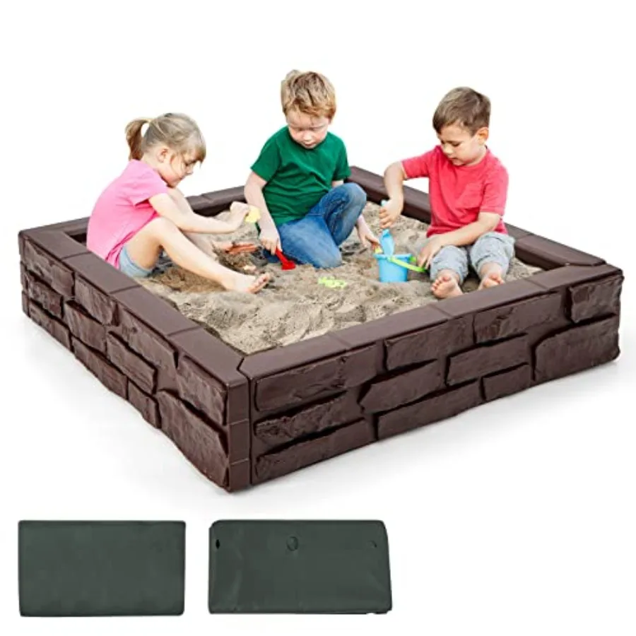 

Outdoor kids sandbox for backyard lawn garden beach use, HDPE material, gray, weather-resistant with Oxford cover and bottom li
