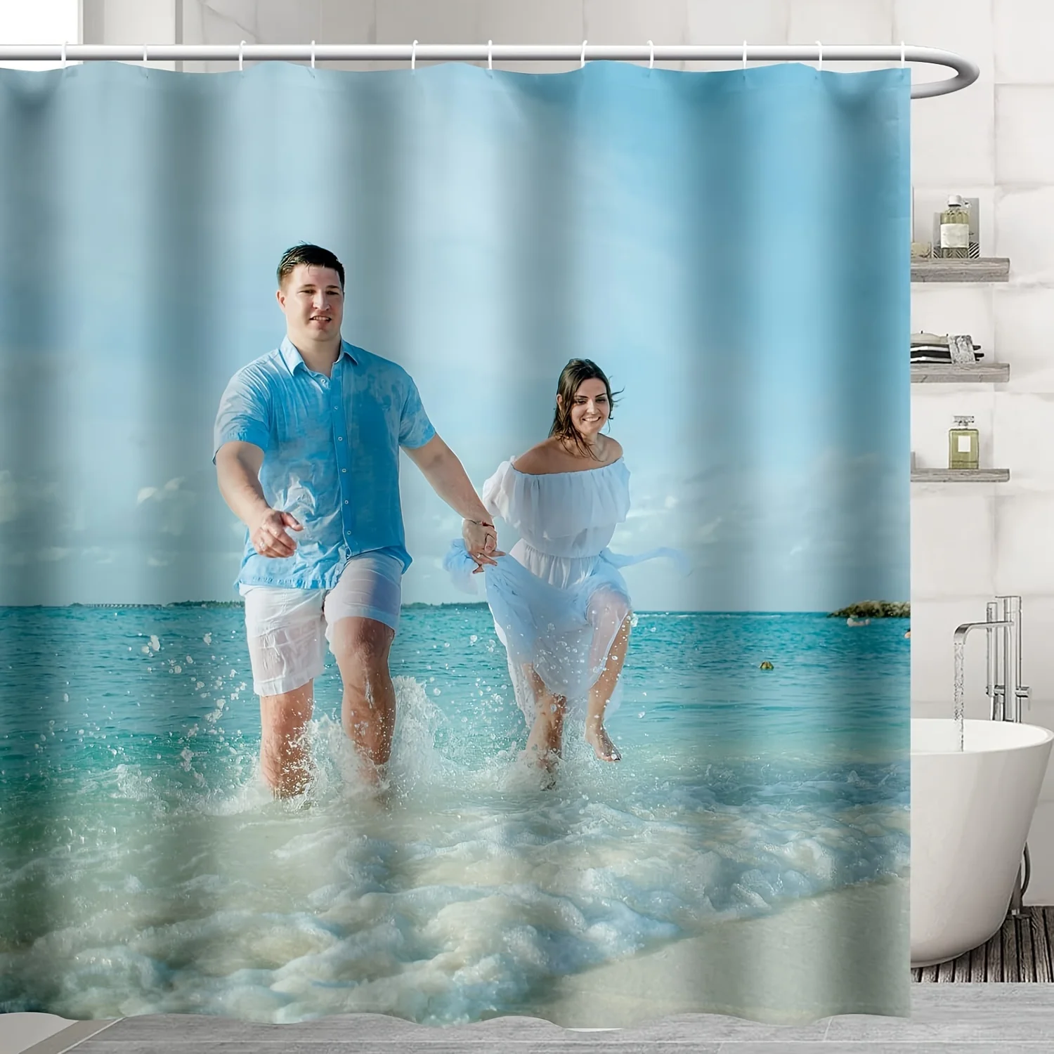 صورة مخصصة ستارة دش شخصية، طباعة ديكور المنزل على الطراز الحديث، ستارة حمام بوليستر مقاومة للماء مع خطاف مجاني