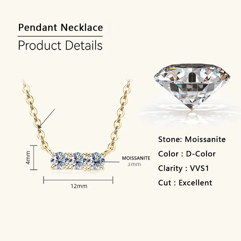 Naszyjnik Moissanite 925 srebrne trzy kamienne naszyjniki dla kobiet łańcuszek do obojczyka biżuteria Lnngy Collares Mujer 3mm