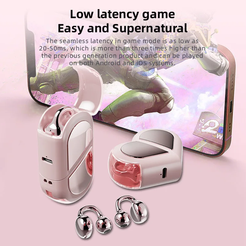 

Heart-shaped Clip-on Earphones Foldable and Rotatable Blueooth 5.4 Long Battery Life Open Style Headet Comfortabe Wear