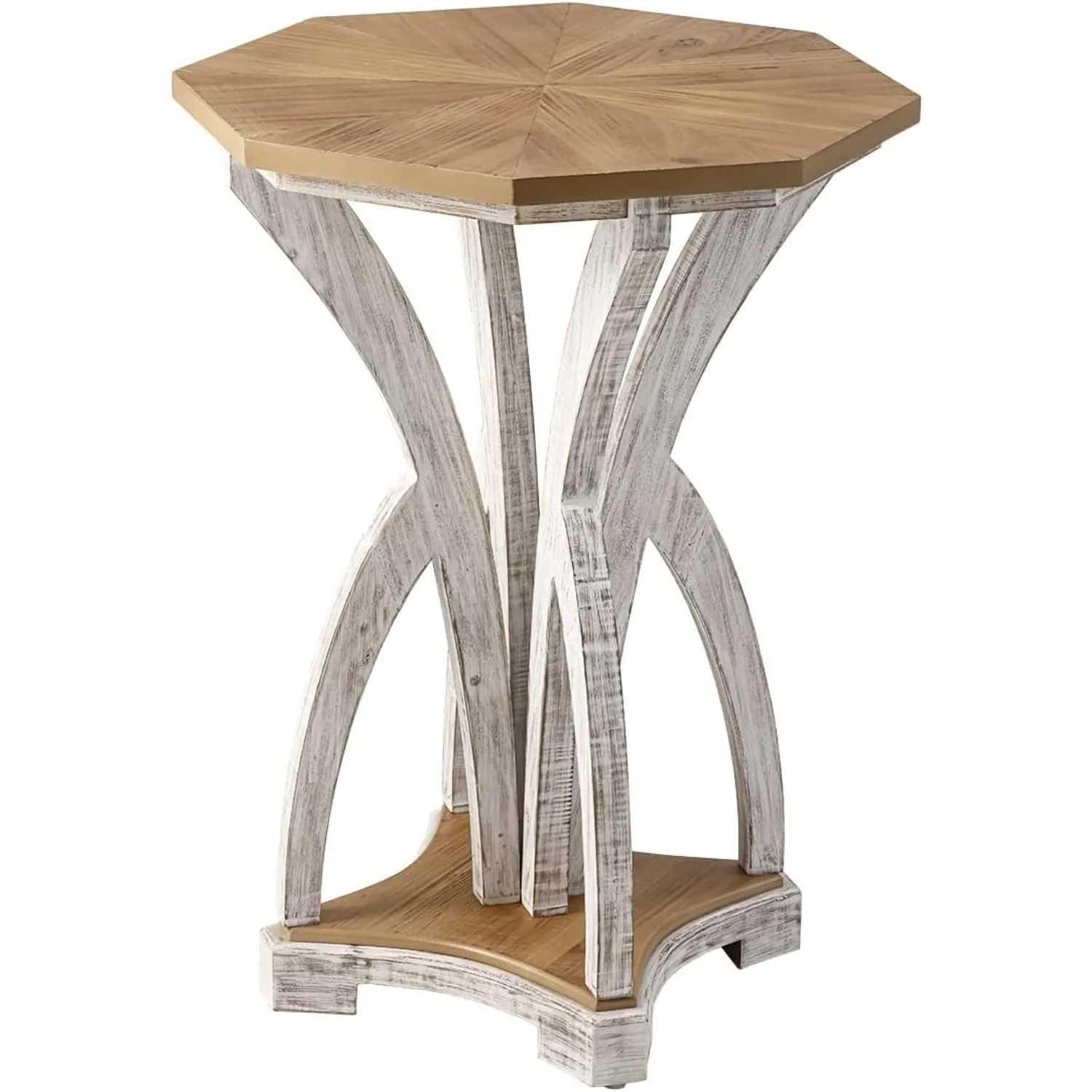 Octagonal Wood End Table, Unique Nightstand w Wood Grain Finish, Designed Side Table Small Accent Table, Oak & White