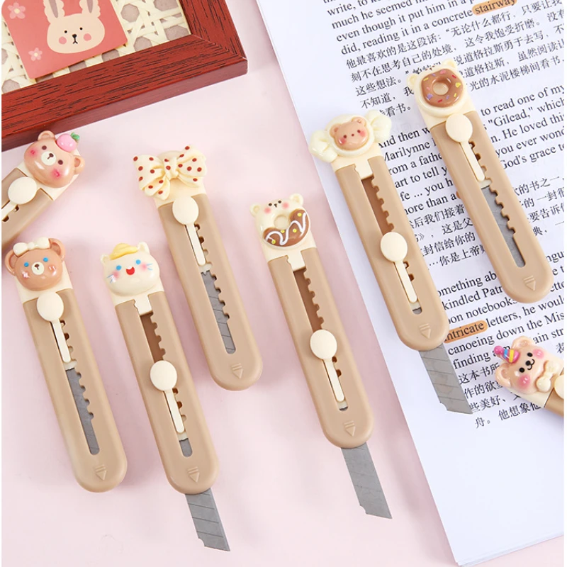 1 Piece Cartoon Utility Knife for Student Cute Fashion Box Cutter Small Portable Kawaii Beige Coffee Color Letter Opener Office