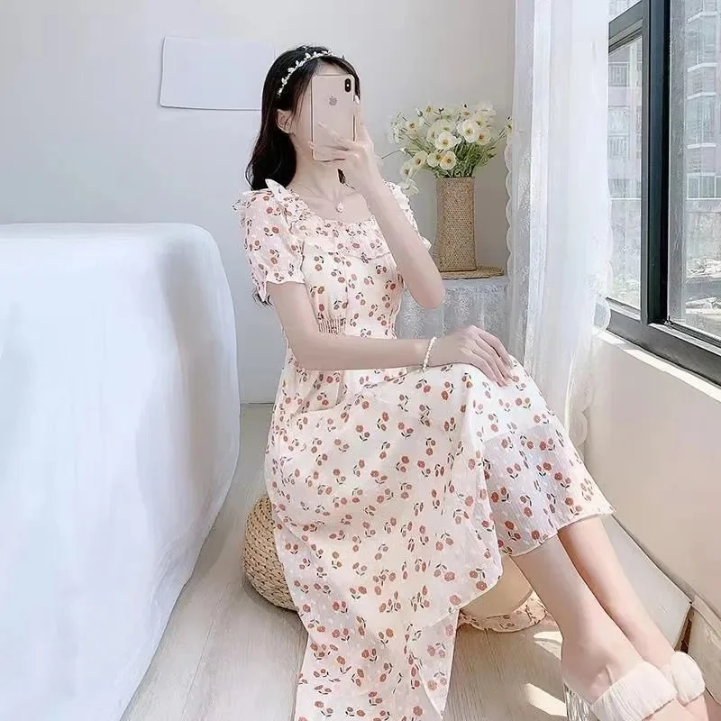 여름 레이디 쉬폰 맥시 드레스 2025 여성 반팔 긴 드레스 프랑스 Femme 연꽃 잎 칼라 꽃 프린트 a 라인 Vestidos