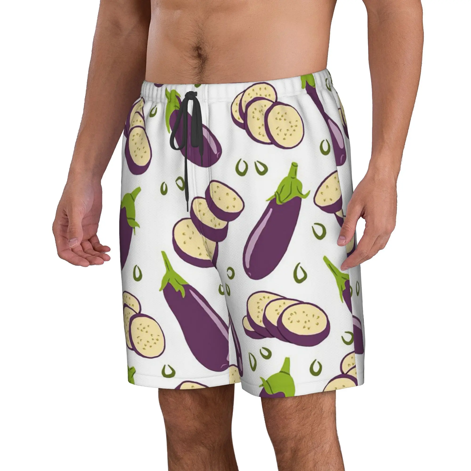 Vegetable Cartoon Eggplant Pattern Trunks Beach Board Shorts Casual Quick Dry Swimming Summer Men Pants