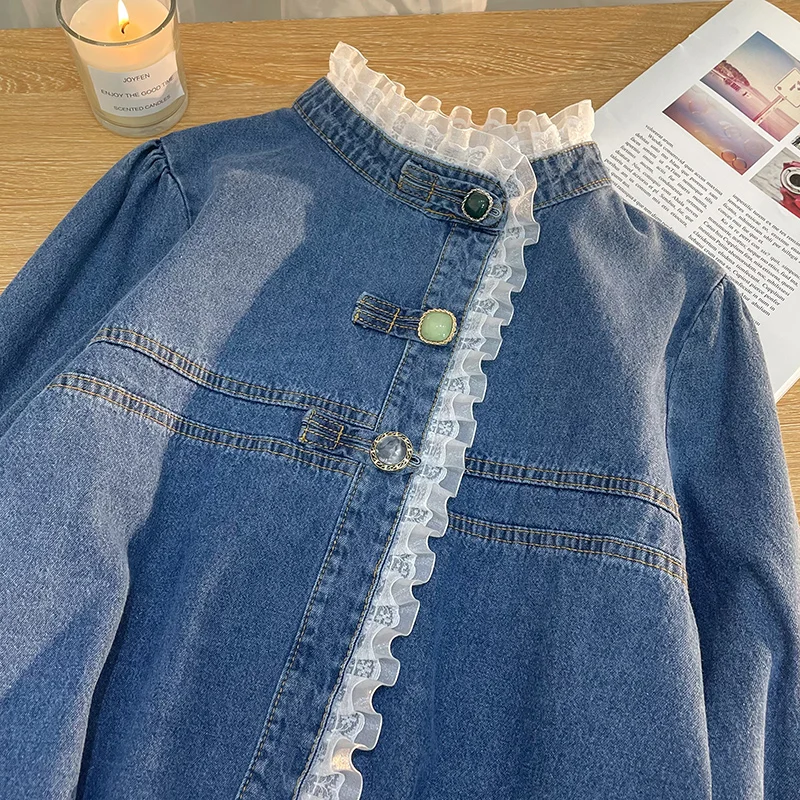 Oversized Women\'s Lace Patchwork Denim Shirt Spring Autumn Single Breasted Loose Basic Coat Female Korean Long Sleeve Tops