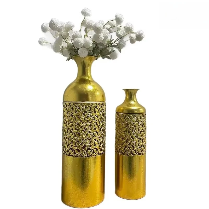 yjq retro gold floor-to-ceiling vase set, living room entrance light luxury flower arrangement ornament