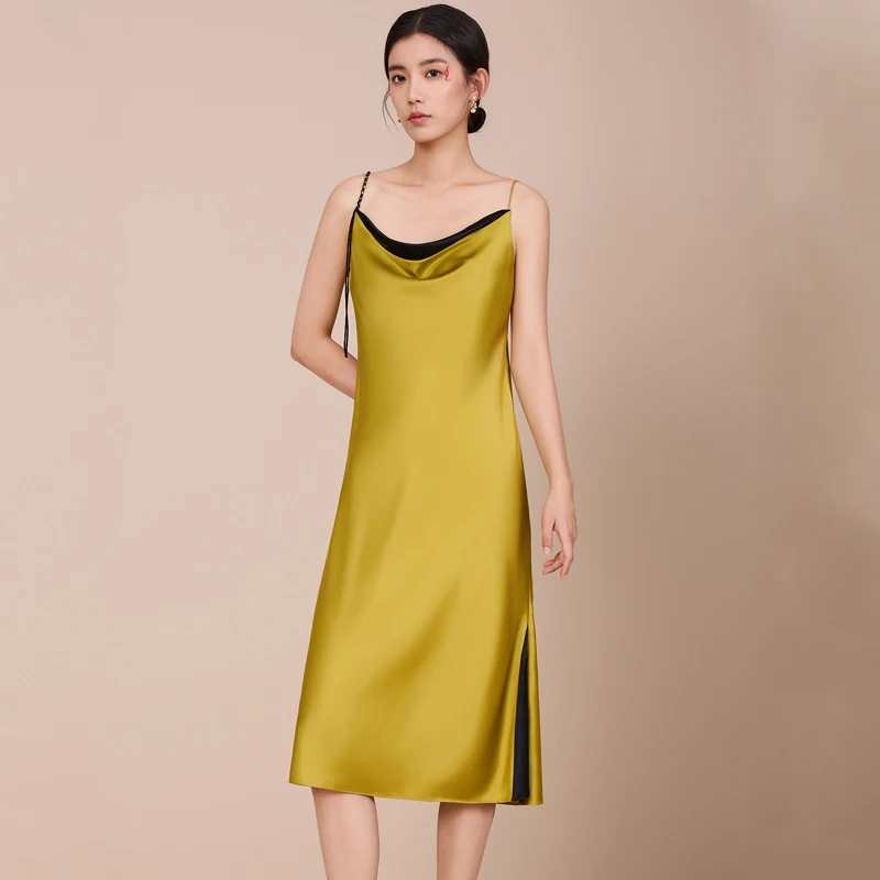 Women's 100% Mulberry Silk Slip Dress Classic Cowl Neck 3D Bias Cut Black Silk Side Panel Splicing Luxury Sleepwear Nightgown