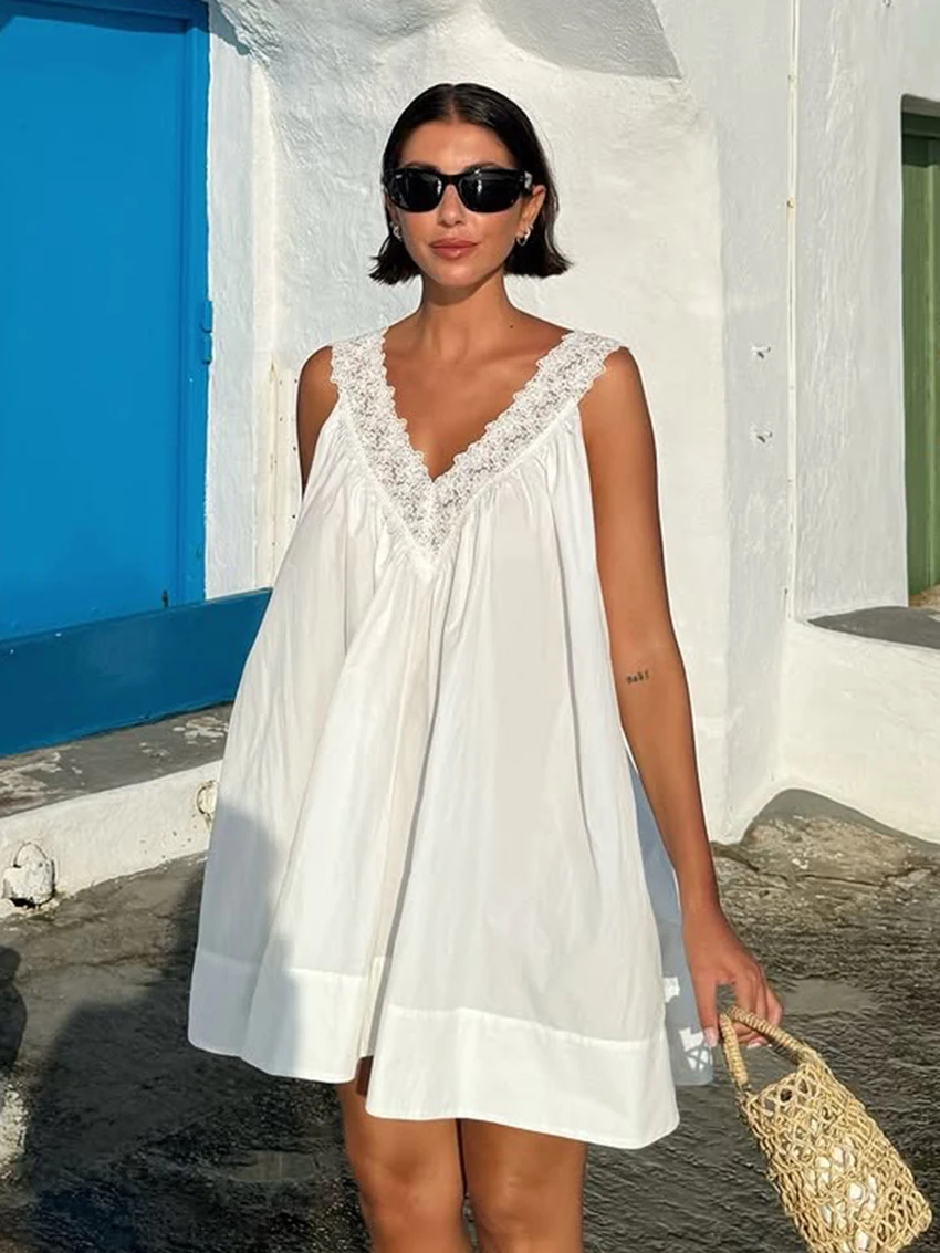 

Marthaqiqi Home Clothes Female Sleeveless Pajama Lace Sexy V-Neck Sleepwear Backless Sleepwear Mini Dress Casual Women Nightgown