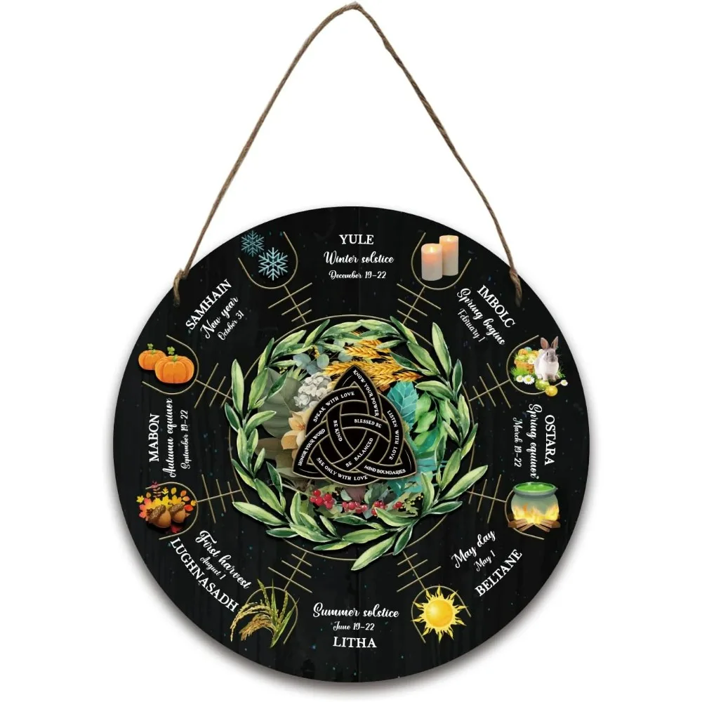 Wheel of The Year Wood Sign 11.8 Inch Wicca Calendar Yule Altar with Knot Pattern Witches Runes Sabbats Sign for Making Kit