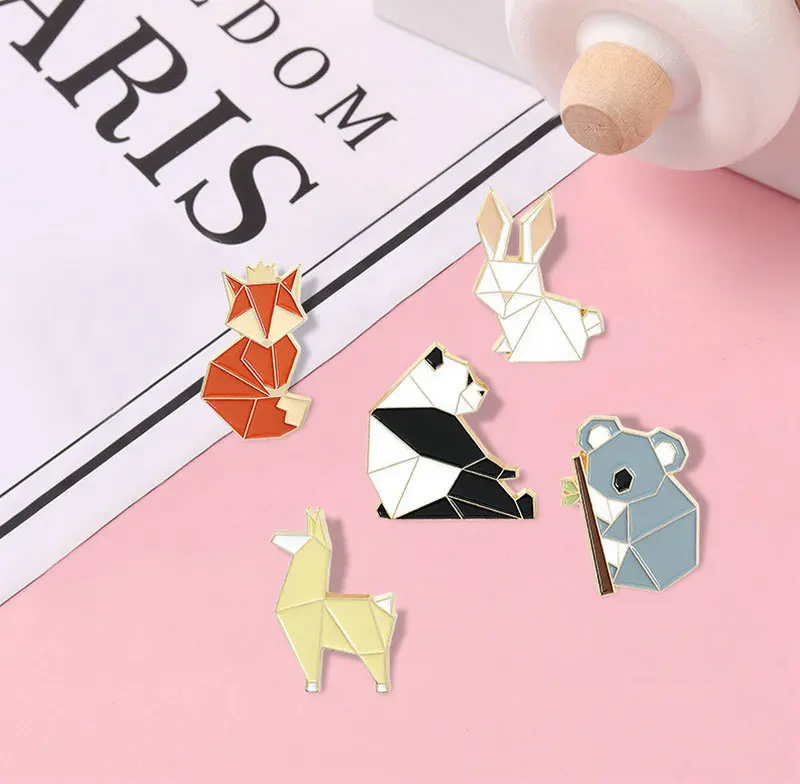 Origami Animal Enamel Pin Custom Fox Panda Koala Alpaca Rabbit Brooch Bag Clothes Lapel Pin Badge Cartoon Jewelry Kid Friend