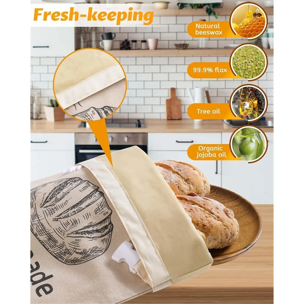 BHBL Lot de 2 sacs à pain en cire d'abeille, adaptés au levain et au pain maison, sacs de conservation alimentaire, adaptés au congélation et à la conservation