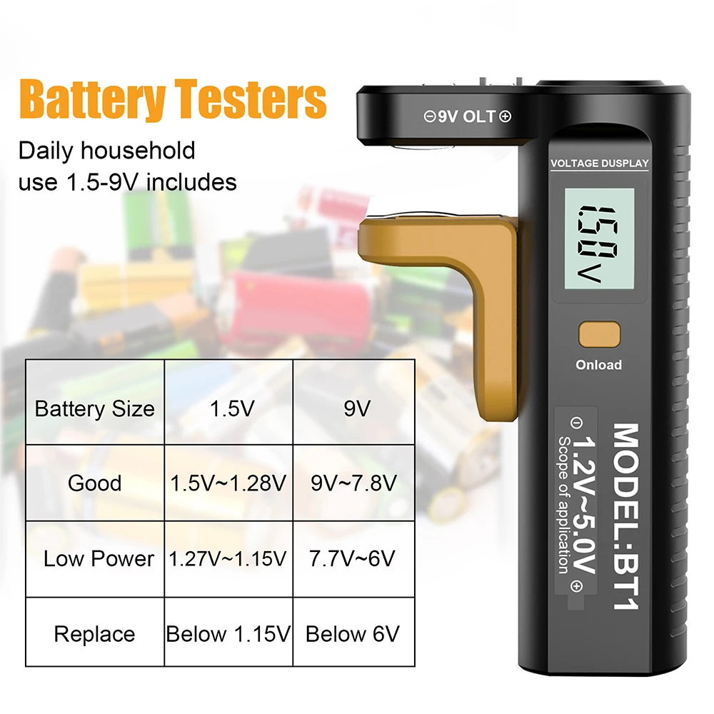 Battery Power Tester BT-1 Battery Tester Dry Battery AAA/AA/C/D/N/9V/1.5V Button Cell Battery Tester Digital Voltage Tester