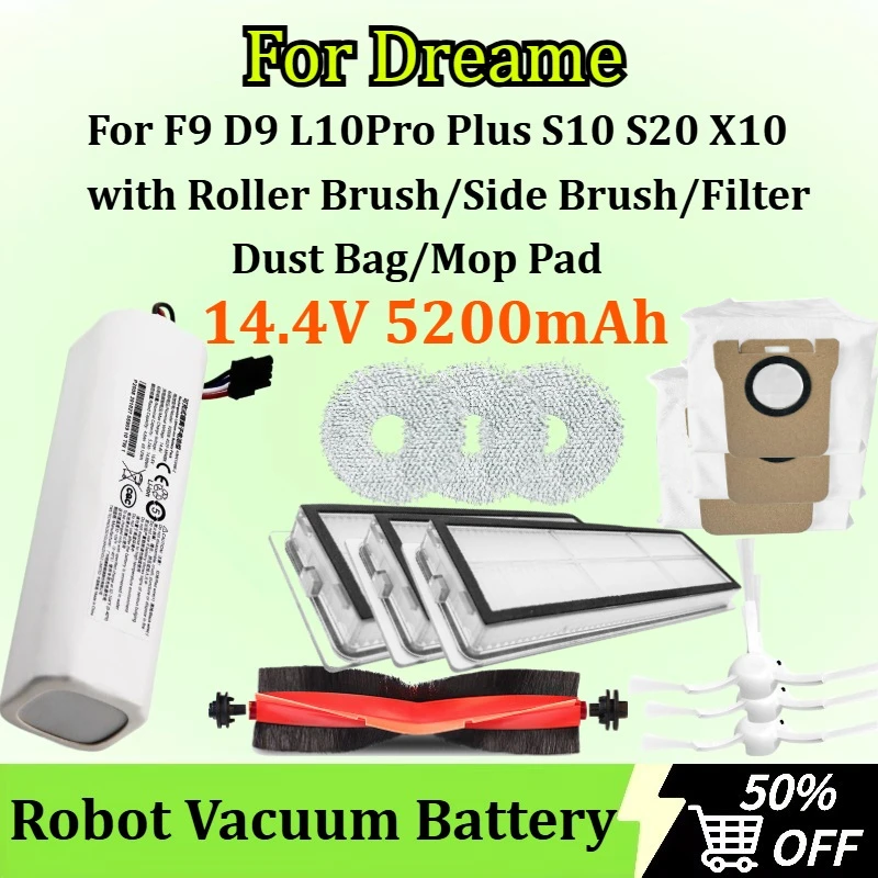 

14.4V 5200mAh Robot Vacuum Battery for Dreame F9 D9 L10Pro Plus S10 S20 X10 with Roller Brush/Side Brush/Filter/Dust Bag/Mop Pad