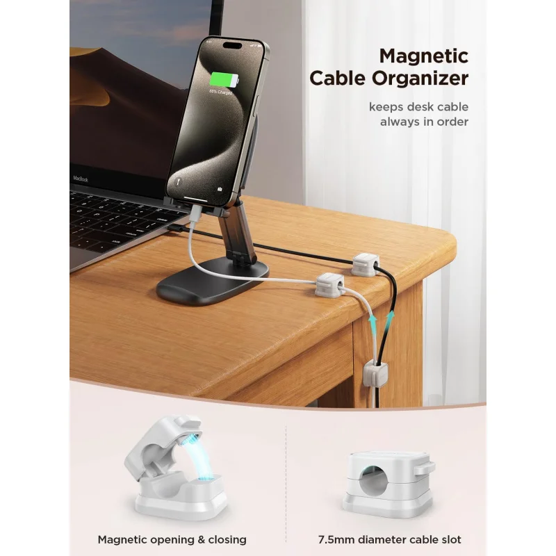 6 Magnetic Clips [Smooth Adjustable] Cord Holder, Under Desk Management, Adhesive Wire Holder Keeper Orga