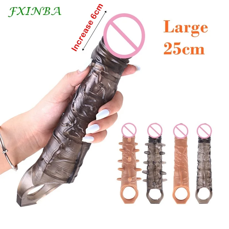 FXINBA 14-27cm extensor de manga de pene realista funda para pene agrandamiento de pene retardante de eyaculación condón reutilizable juguetes