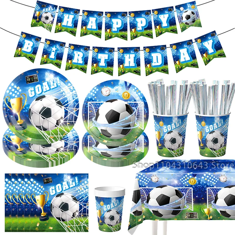 86-teiliges Fußball-Party Einweggeschirr-Set Blaue Pappteller Becher Servietten für Kinder Jungen Geburtstag Sport-Themen Deko-Zubehör