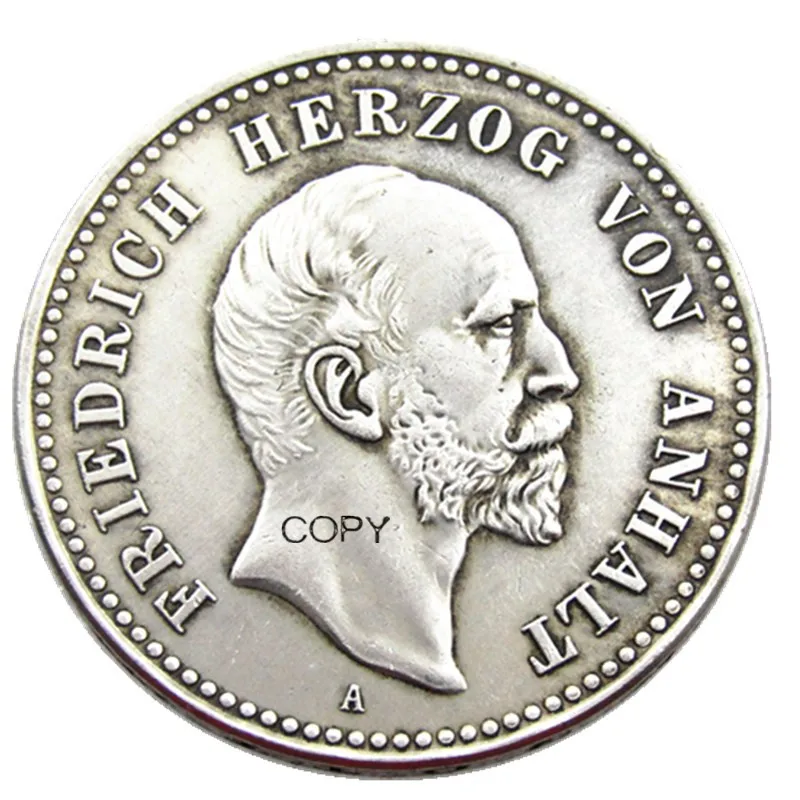 TINGESCO 1896 ST. Moneta copia placcata in argento Anhalt-Dessau Friedrich I 5 Mark DE(27)