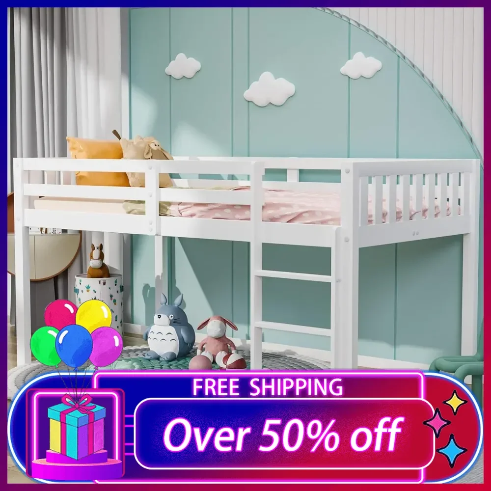 Twin Loft Bed Low Loft Bed Frame for Little Kids Small Room/Low Ceiling Bedrrom with Guardrail and Ladder, White, Children Beds