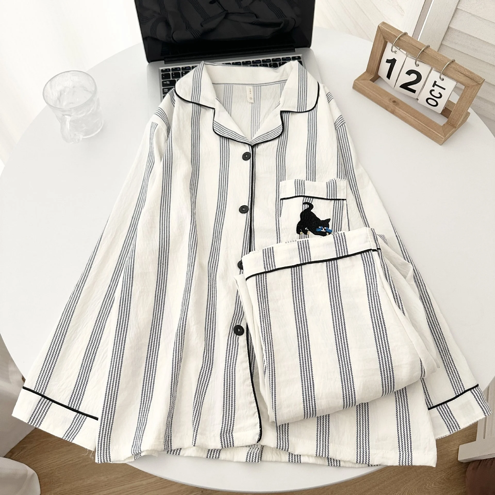 

Cloud Cotton Striped Long Sleeve Long Pants Sleepwear Pattern Home Clothes for Women Spring Autumn Seasonal Comfortable H...