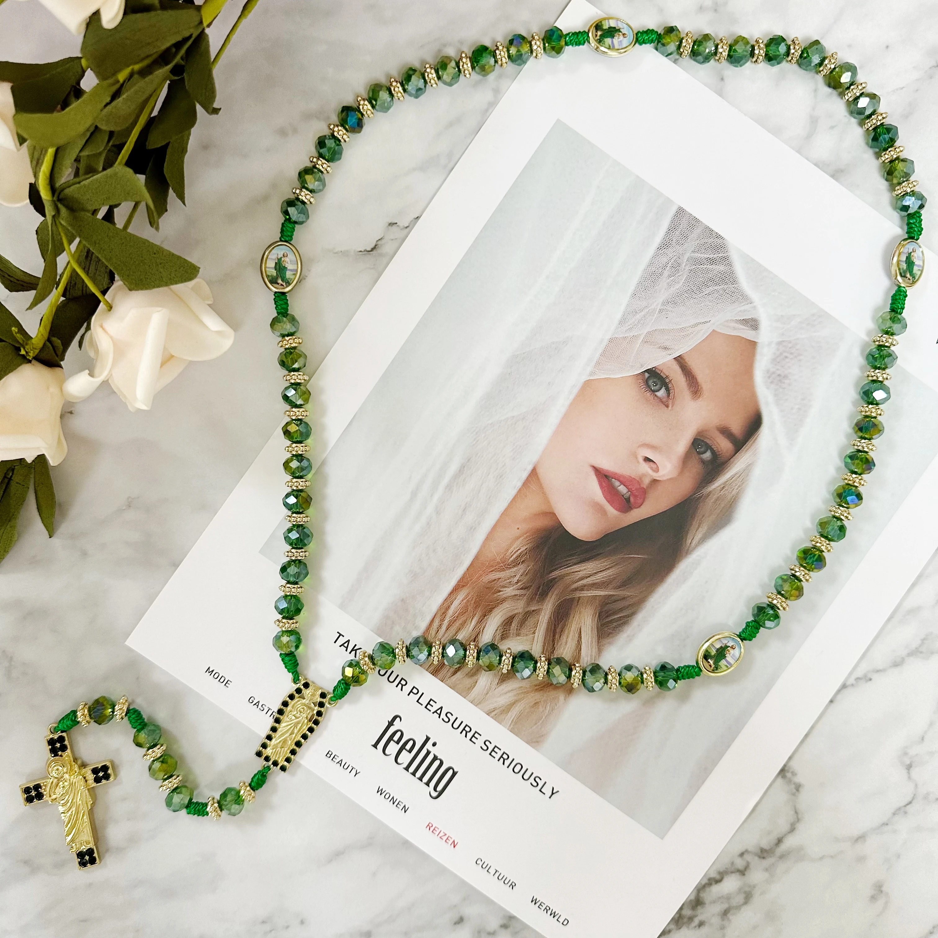 1Pc Rosary Saint Jude Virgin Mary Green Crystal Beads Catholic Necklace Cross Pendant Protection Blessing Charm Catholic Handmad