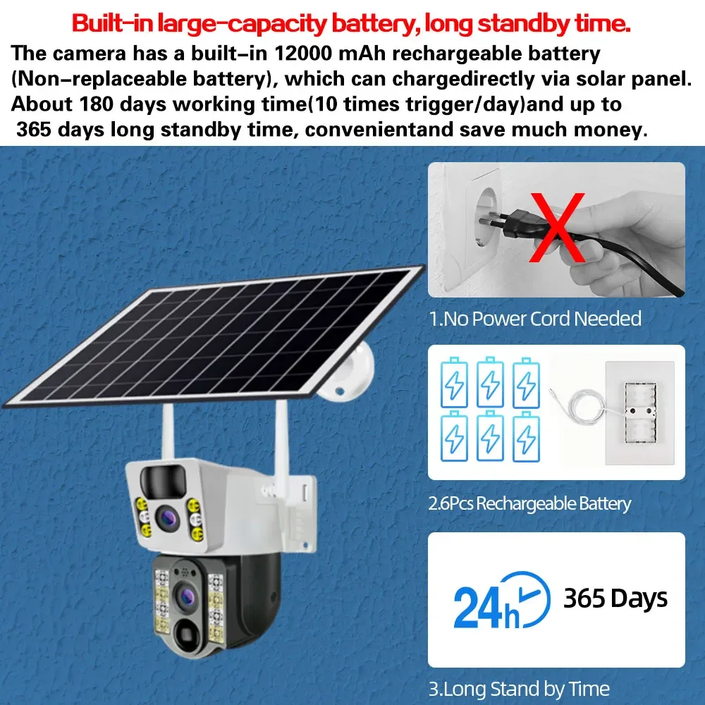 4G Solar Security Camera 4K Dual lens Outdoor 8MP  PIR Detection Auto Tracking Wireless CCTV Surveillance Camera Two way Audio