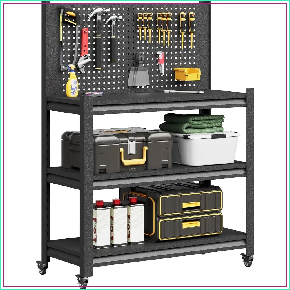 Heavy Duty Workbench with Pegboard, Adjustable Metal Work Table on Wheels, 48