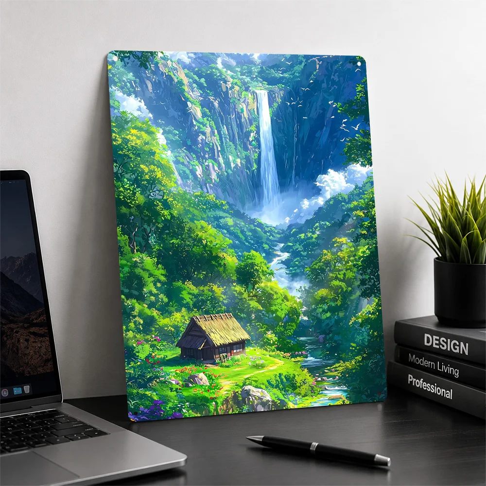 Lush Waterfall Landscape With Cottage Poster Retro 3D Printed Metal Signs Customized Wall Hanging Gift for Garage Accessories