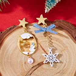 Merry Christmas Snowflake Bowknot Bell Asymmetrical Long Tassel Earring For Women Girl Pink Elk Snowman Zircon Earrings Jewelry