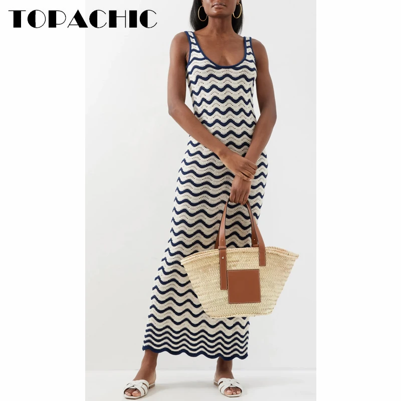 1.3 TOPACHIC Women\'s Fashion Wave Striped Knitted Slim Sleeveless Hollow Out Maxi Dress