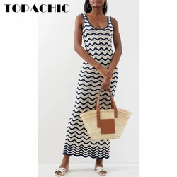 1.3 TOPACHIC Women's Fashion Wave Striped Knitted Slim Sleeveless Hollow Out Maxi Dress