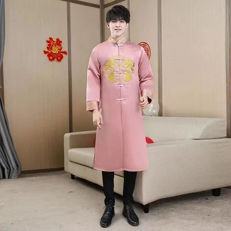 Blue Cheongsam Best Man Dress Tang Suit for Men Chinese Silk Button Embroidery Slit Chinese Style Wedding Dress