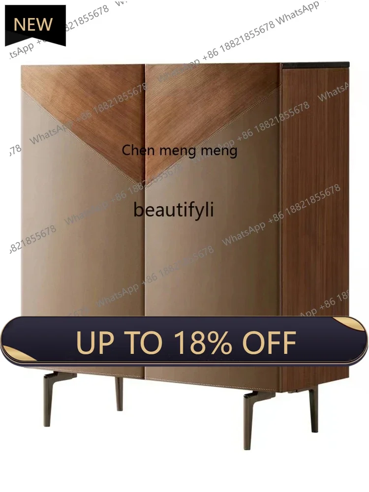 

P178 Italian Minimalist Saddle Leather Sideboard Cabinet High-End Large Flat Marble Entrance Cabinet Solid Wood Cabinet