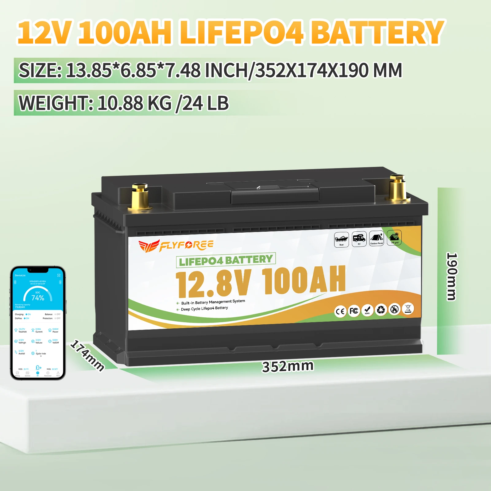 FLLYROWTH 12 فولت 100 أمبير LiFePo4 بطارية ليثيوم حزمة 100A BMS لمحركات القوارب RV العاكس الرياح الشمسية بطارية ليثيوم فوسفات الحديد