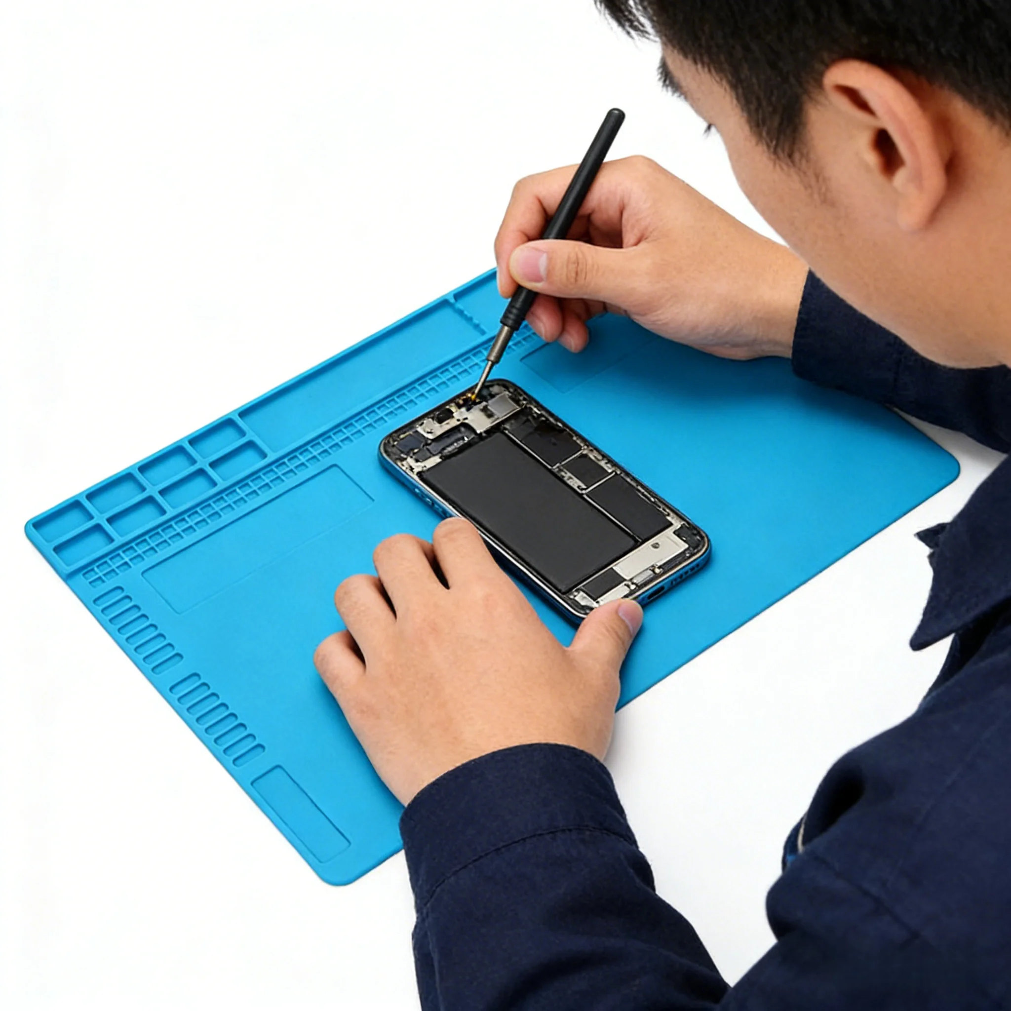 Blue Large Silicone Work Mat Non-Slip Rubber 13.8"x9.8" Heat Resistant Work Pad with Screw Slots & Parts Organizer view 5