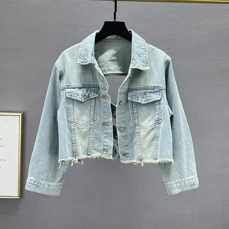 Veste en jean dos nu pour femme, veste courte évidée amincissante, printemps et été, nouveau, 2024