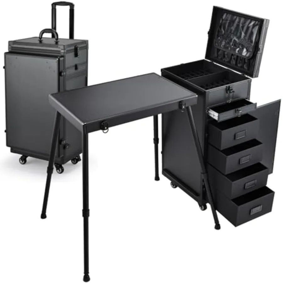 

Foldable Nail Desk with 5 Drawers on Wheels for Makeup Artist Workstation Black Cosmetology Case Mobile Manicure Table with Bru