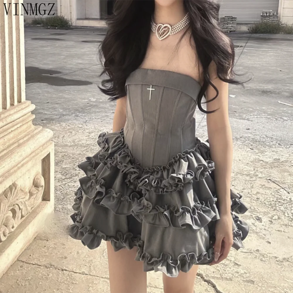 

Summer fashion spice girl wind fried street gray slim-fit tube top dress new design sense fungus edge fluffy dress women