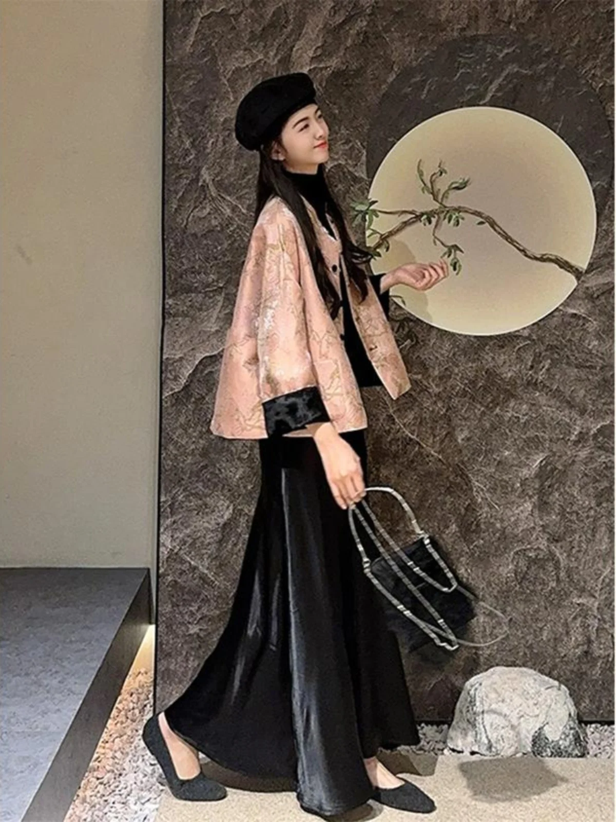 

Spring 2024 Women's New Style Pink Outerwear Song Jin Buttoned Tang Costume Wind Blouse Straight Cut Long Sleeve Commute Frie...