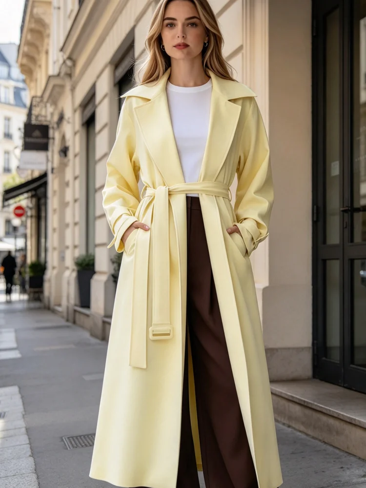 Women Long Trench Coat Lapel Collar Self Tie Waist Belt Cuff Tab Loose Fit Solid Color Business Casual Outer Coat