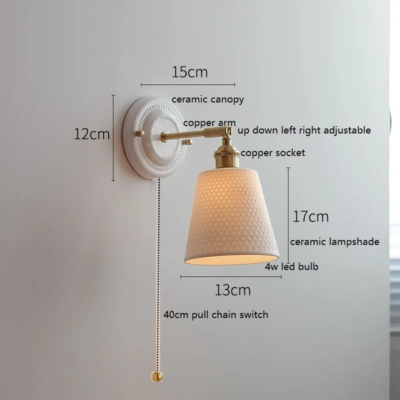 Imagem -02 - Iwd-japão Estilo Cerâmica Led Wall Light Candeeiro Braço de Cobre Corrente Puxar Ajustável Interruptor Quarto Banheiro Espelho ao Lado da Lâmpada