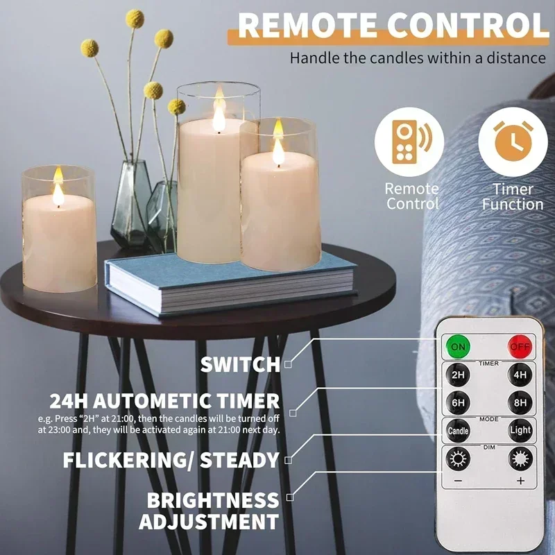LED Flameless Candles with Remote Timer Realistic Flickering Flame Acrylic Candle Battery Powered for Christmas Wedding Decor
