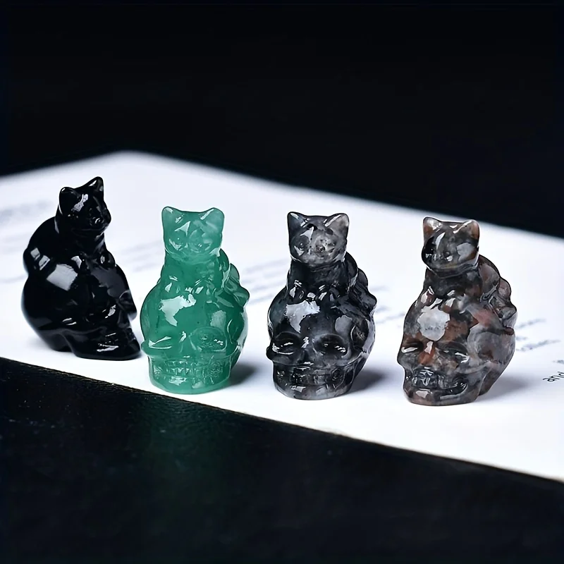 CUPIDCRYSTAL Handgeschnitzte natürliche Kristall-Totenkopf-Katzenfigur – perfekt für Halloween-Dekoration und Geschenke, 1,18 Zoll – Detail 4